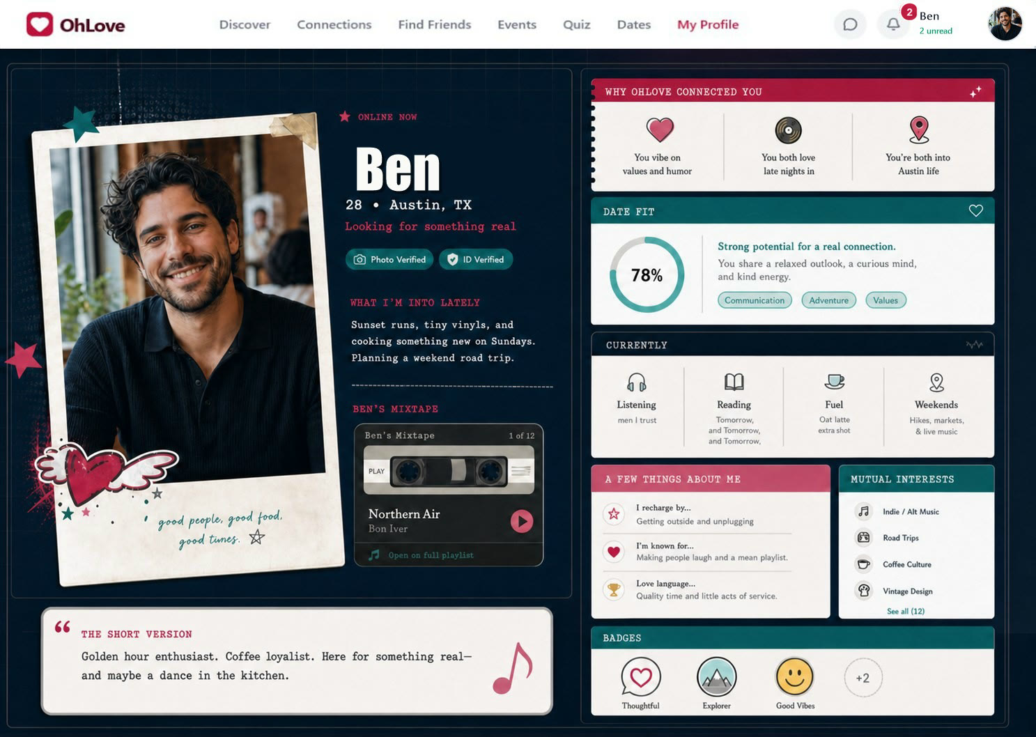 A controlled OhLove sample profile for Ben showing expressive profile design, compatibility context, shared interests, and profile badges